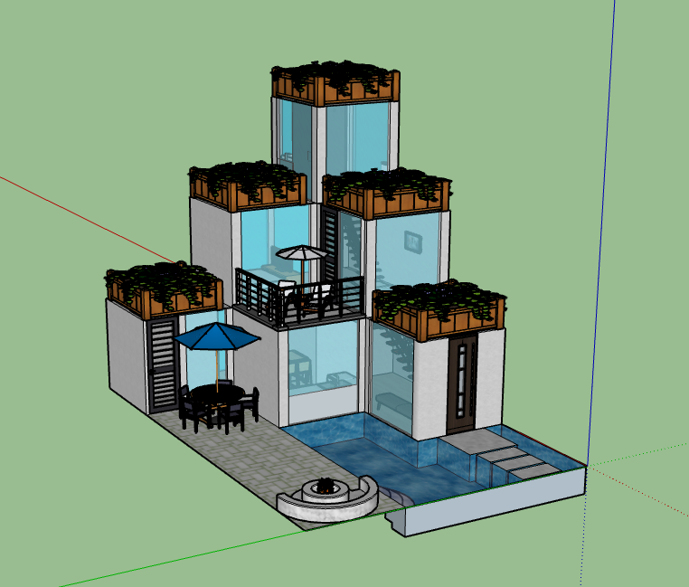 Stacked cylindrical house render with rounded rooftop garden planters on each level, giving the whole massing an Among Us character silhouette