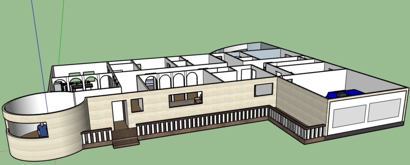 SketchUp render of a house exterior with a curved corner tower and wraparound deck