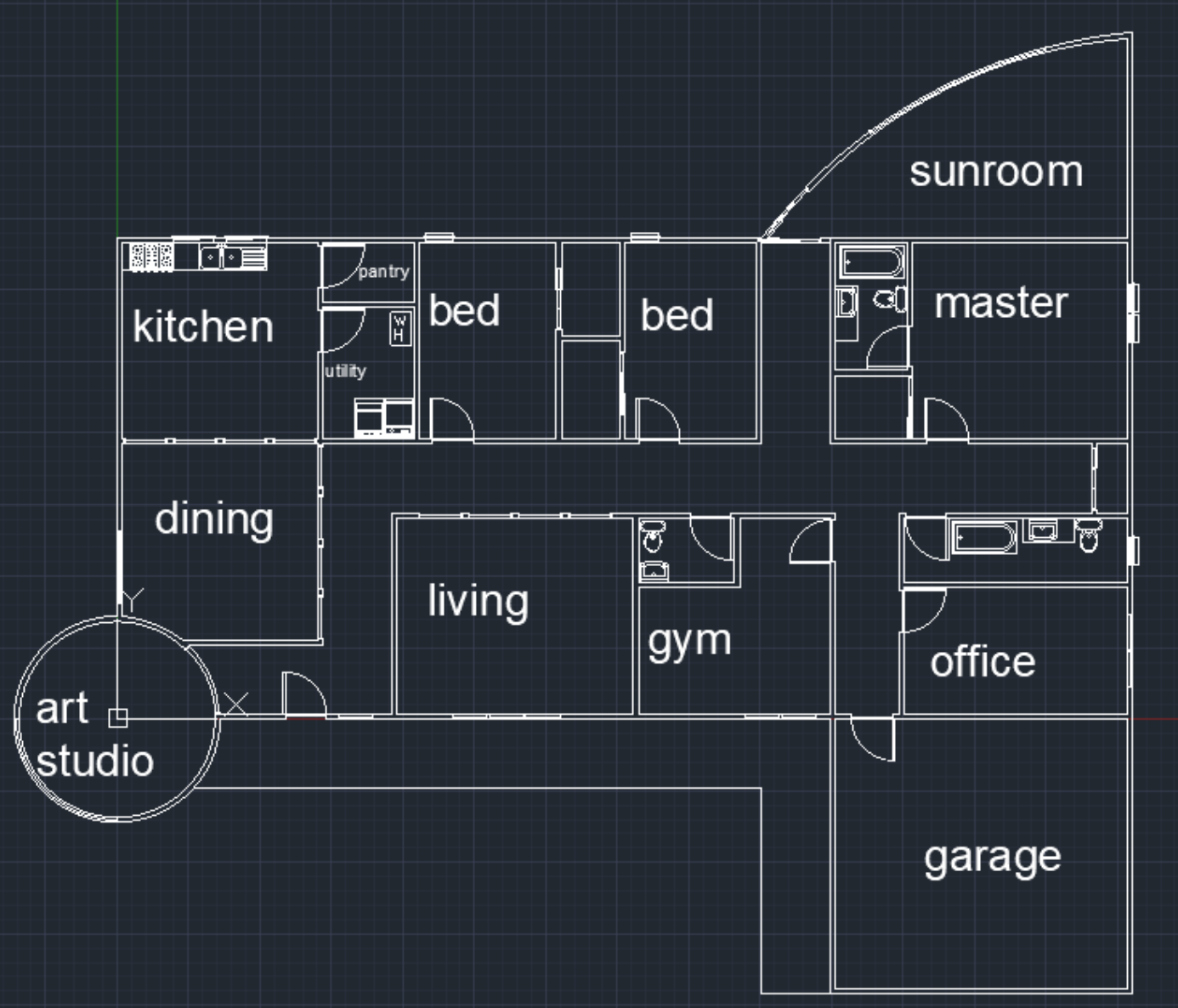 Blueprint floor plan sketch with kitchen, bedrooms, living room, and garage labeled