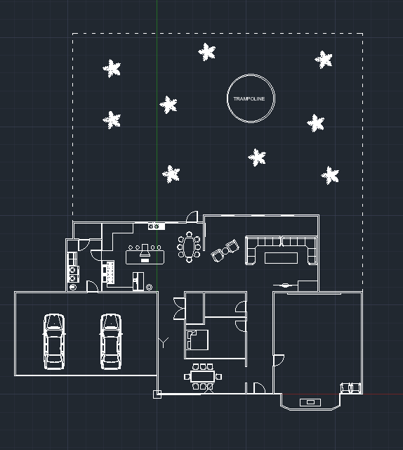 Line-drawing floor plan with a starry backyard sketch and trampoline