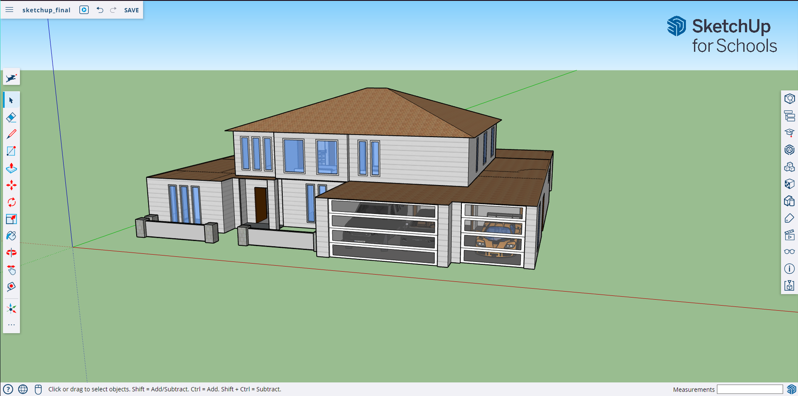 SketchUp for Schools interface showing the house model mid-design