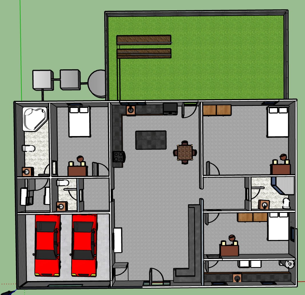 Rendered floor plan with 3D furniture, bedrooms, and a two-car garage