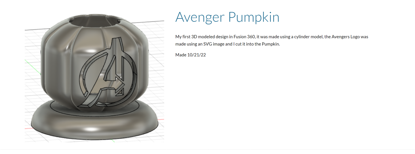 Design page for an Avenger-logo pumpkin sculpted from a cylinder in Fusion 360