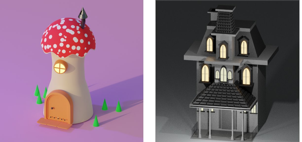 Blender render of a whimsical mushroom house next to a Blender render of a haunted Victorian house