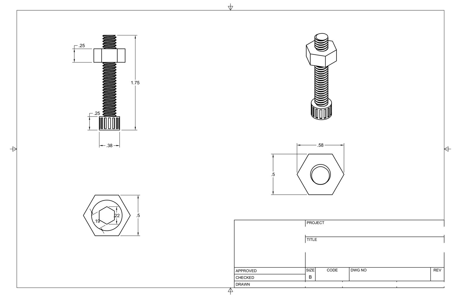 Fusion 360 technical drawing of a quarter-inch hex bolt and nut with dimensioned orthographic views