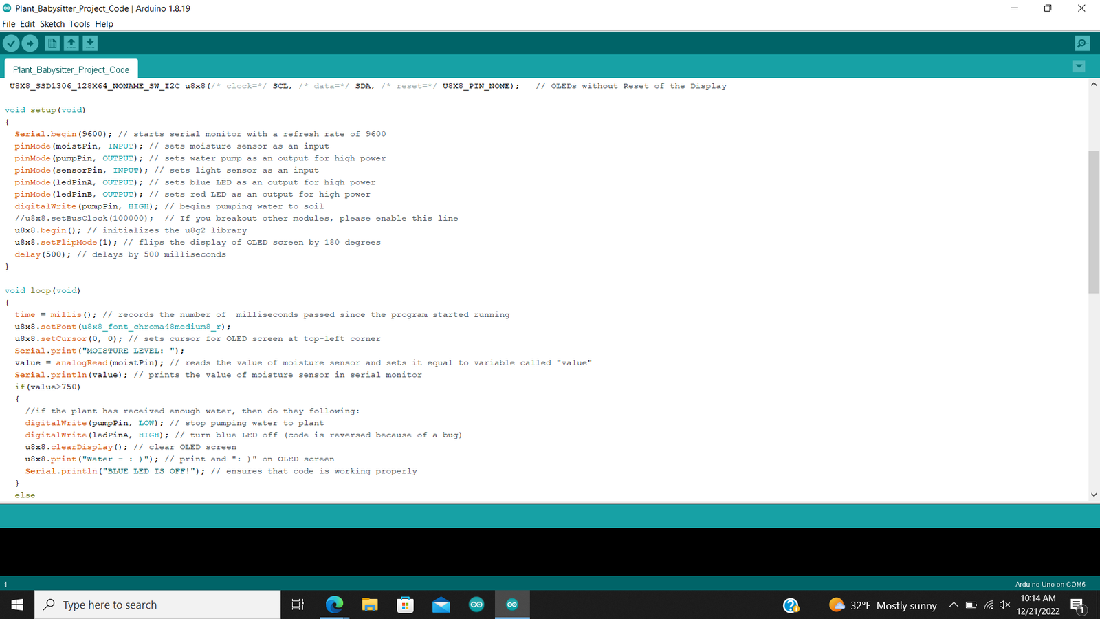 Arduino IDE code editor showing the Plant Babysitter project sketch