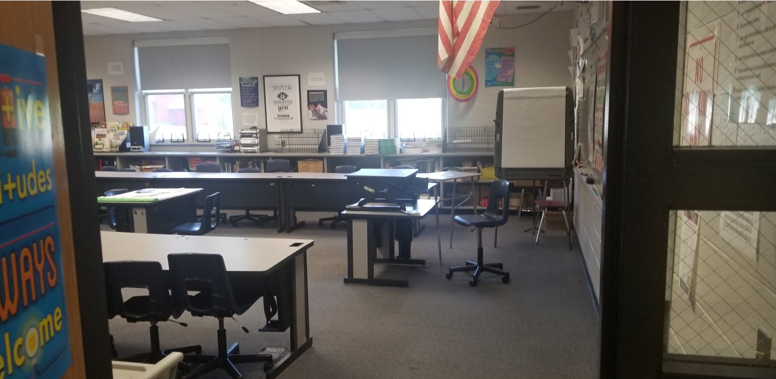 Before: a standard classroom with rows of desks, not yet converted into an engineering lab