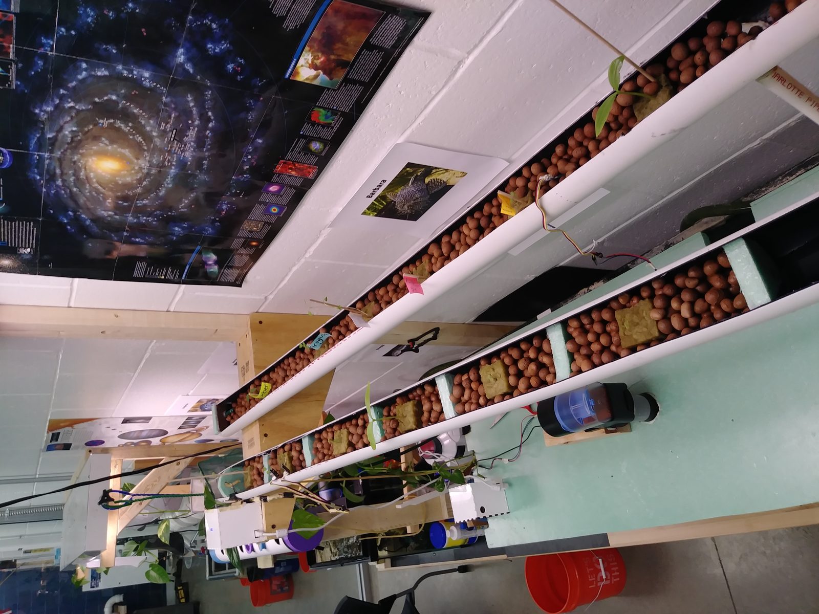 Aquaponics grow-bed troughs filled with clay pebbles, wired for automated monitoring