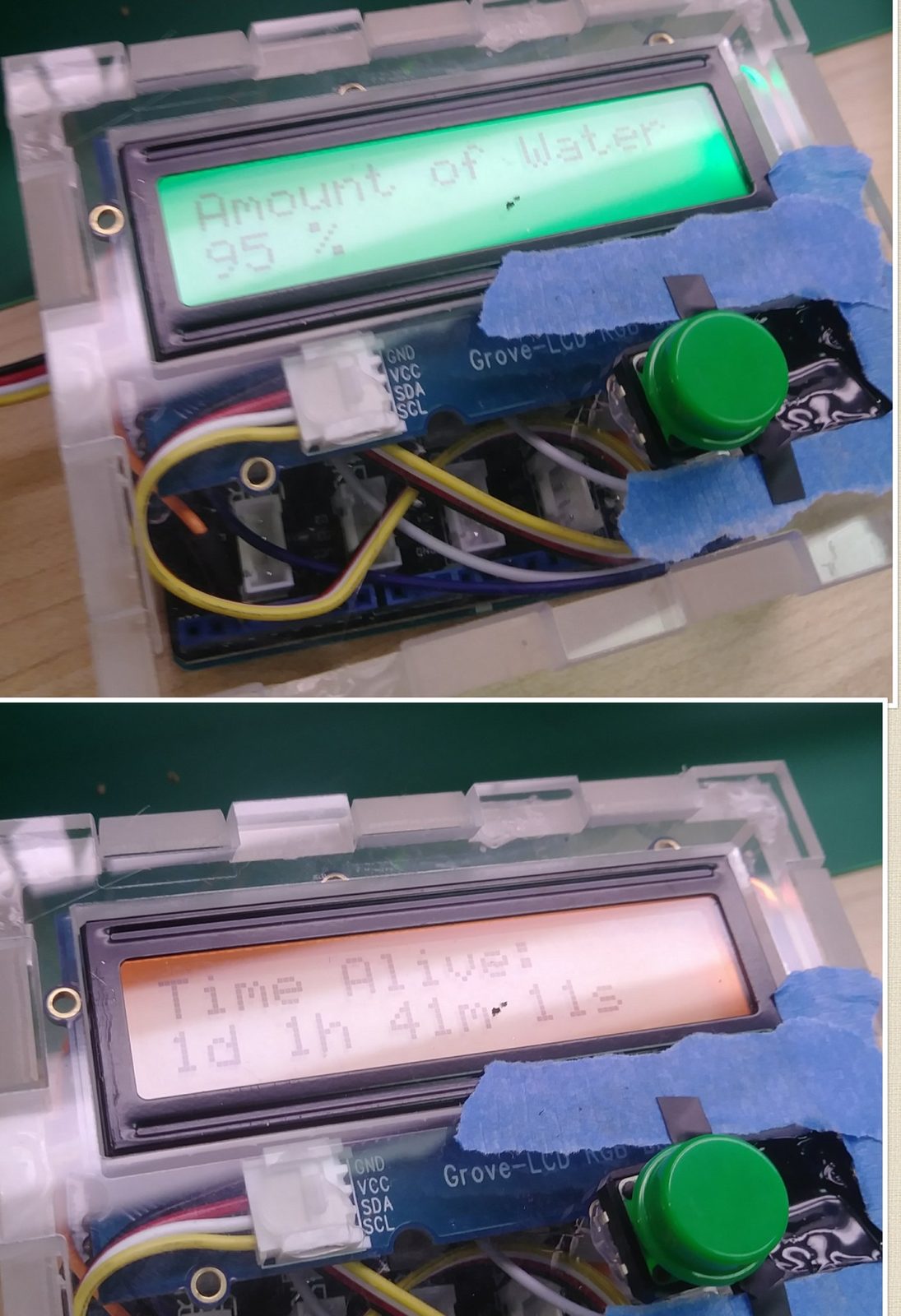 Grove LCD readout showing water level percentage and total time alive for the automated monitor