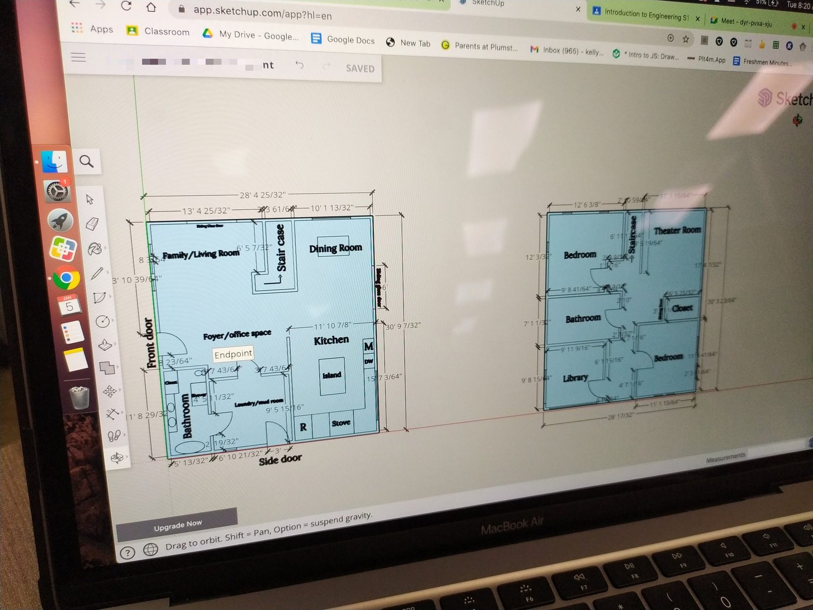 Student floor plan for a house, drawn in SketchUp with labeled rooms and dimensions