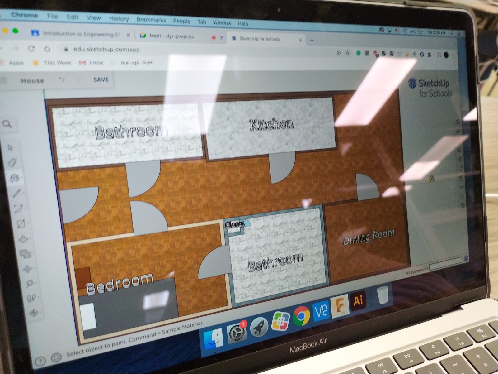 Rendered 3D floor plan in SketchUp for Schools with textured floors and labeled rooms