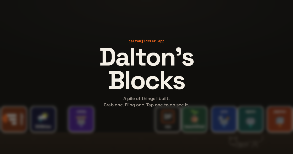 Dalton's Blocks: a pile of squishy app blocks sitting on a strip of dirt, under a big title