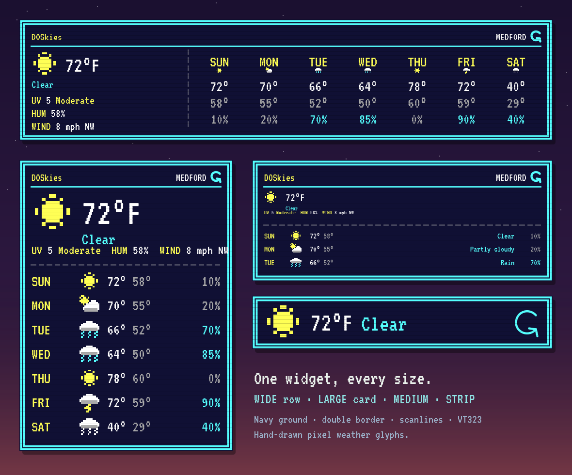 DOSkies weather widget in its wide, large, medium, and strip sizes, drawn in a navy and cyan DOS pixel style