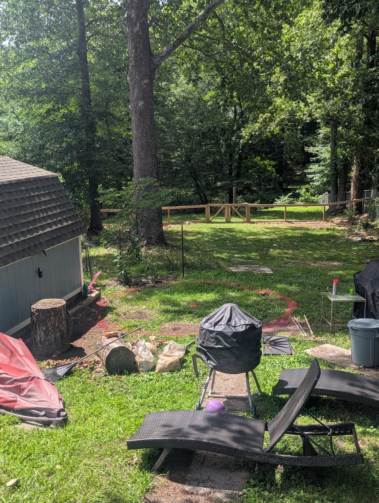 Fire pit and lounge chairs set up under the shed's shade