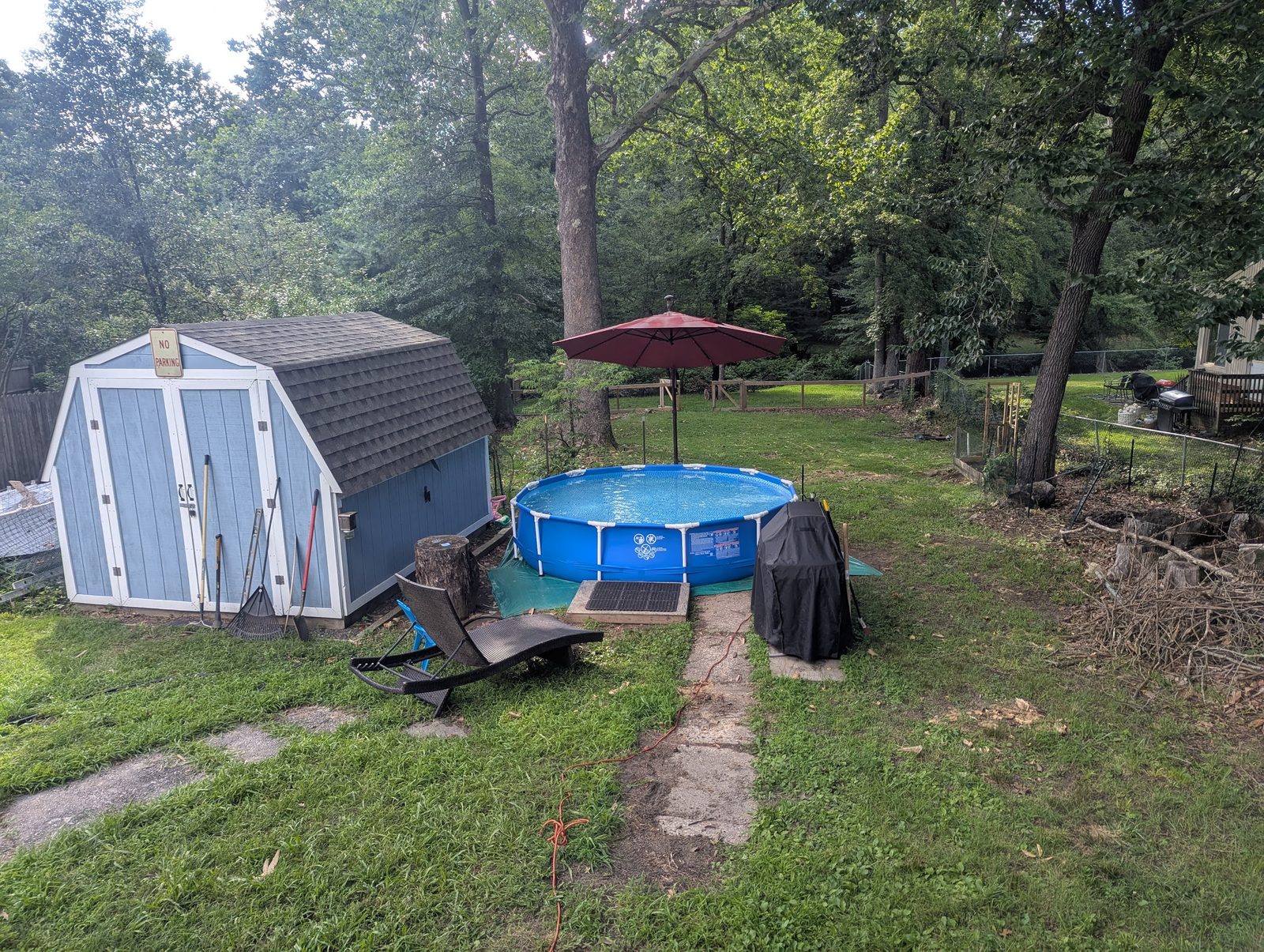 Same backyard setup from a different angle, shed and pool visible
