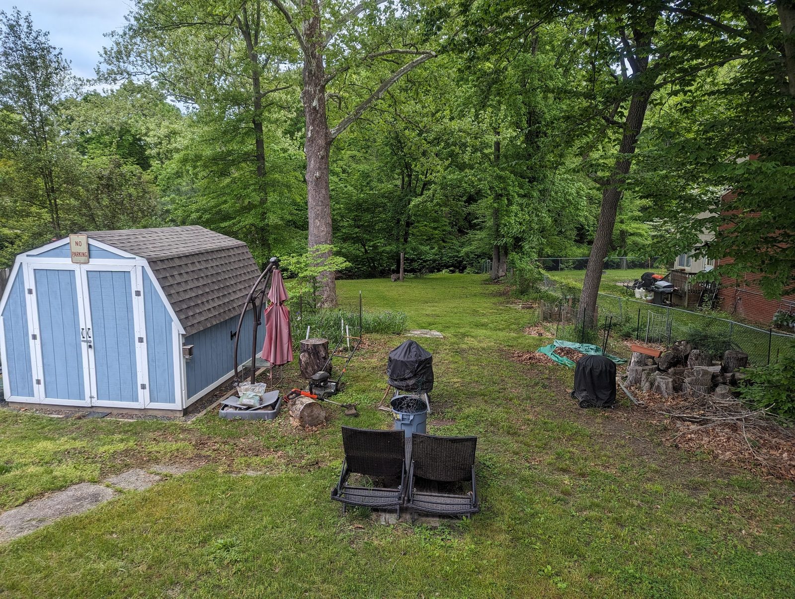 New shed from a different angle, open lawn beyond