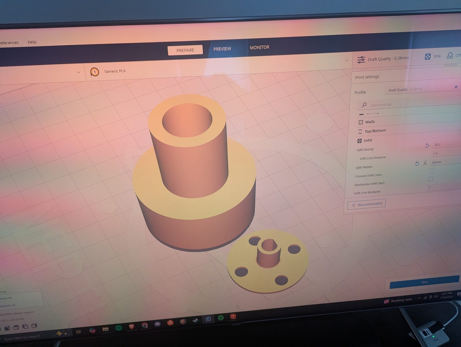 3D-printed part shown in the slicer software, prepped to print