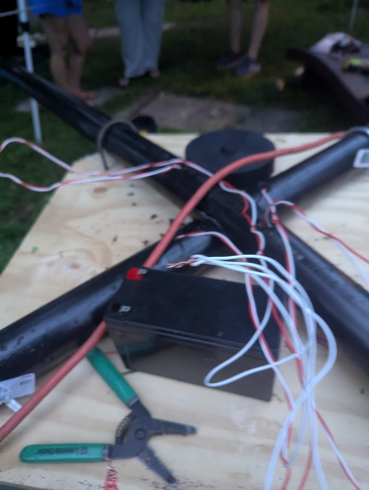 Wiring and electronics box being assembled on a plywood panel