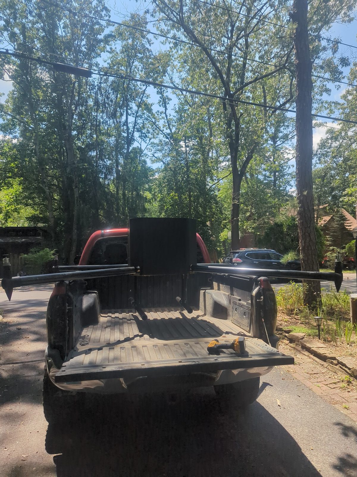 Float frame loaded into the truck bed for transport to the lake