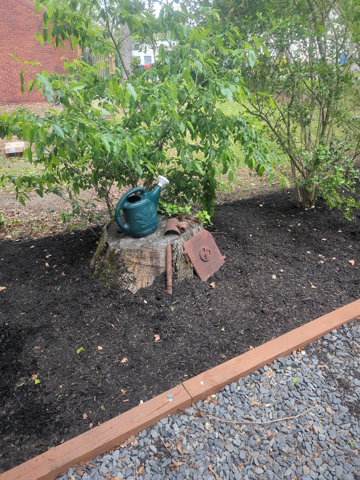 Small tree and watering can in a freshly mulched bed by the porch