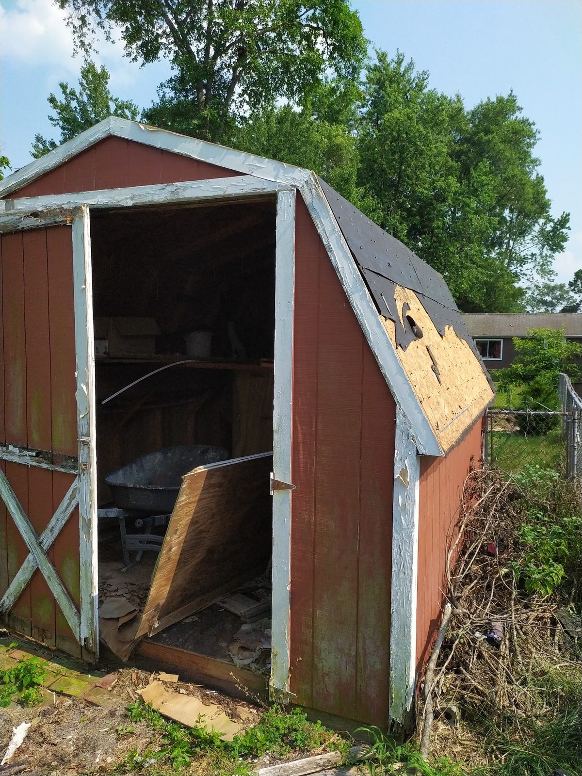 Old red shed with doors open, wider view before disassembly