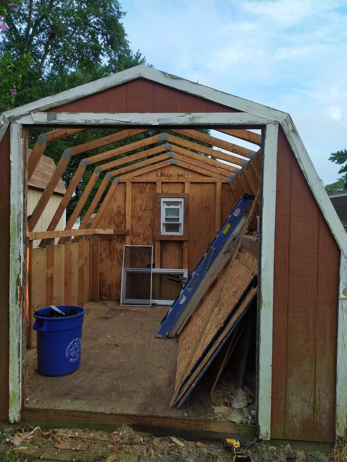 Interior of the old shed's frame and rafters, doors open while breaking it down for material