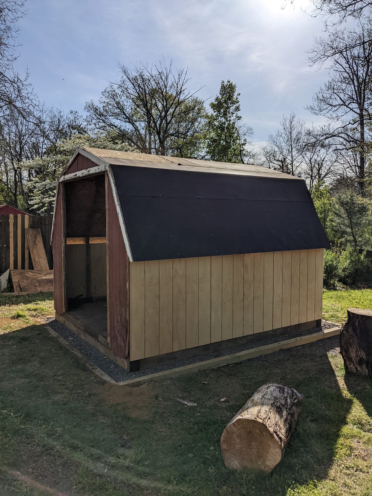 Shed walls sheathed in plywood, barn-style gambrel roofline visible