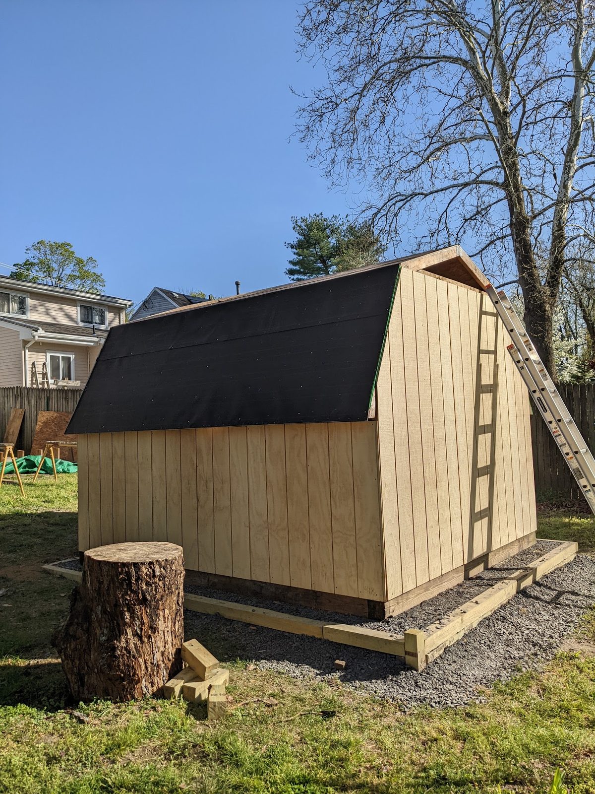 Shed walls sheathed in plywood, opposite angle showing the gambrel roof