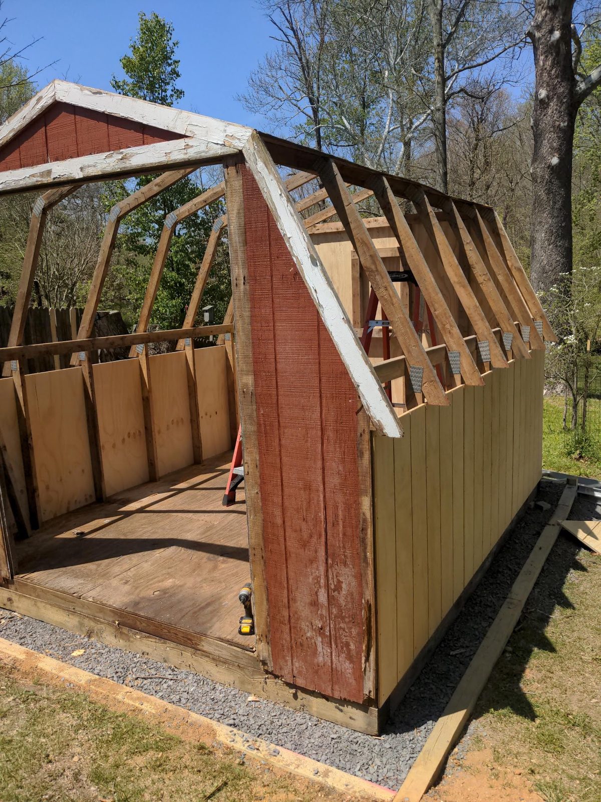 Shed gable end sheathed in plywood with framing still exposed
